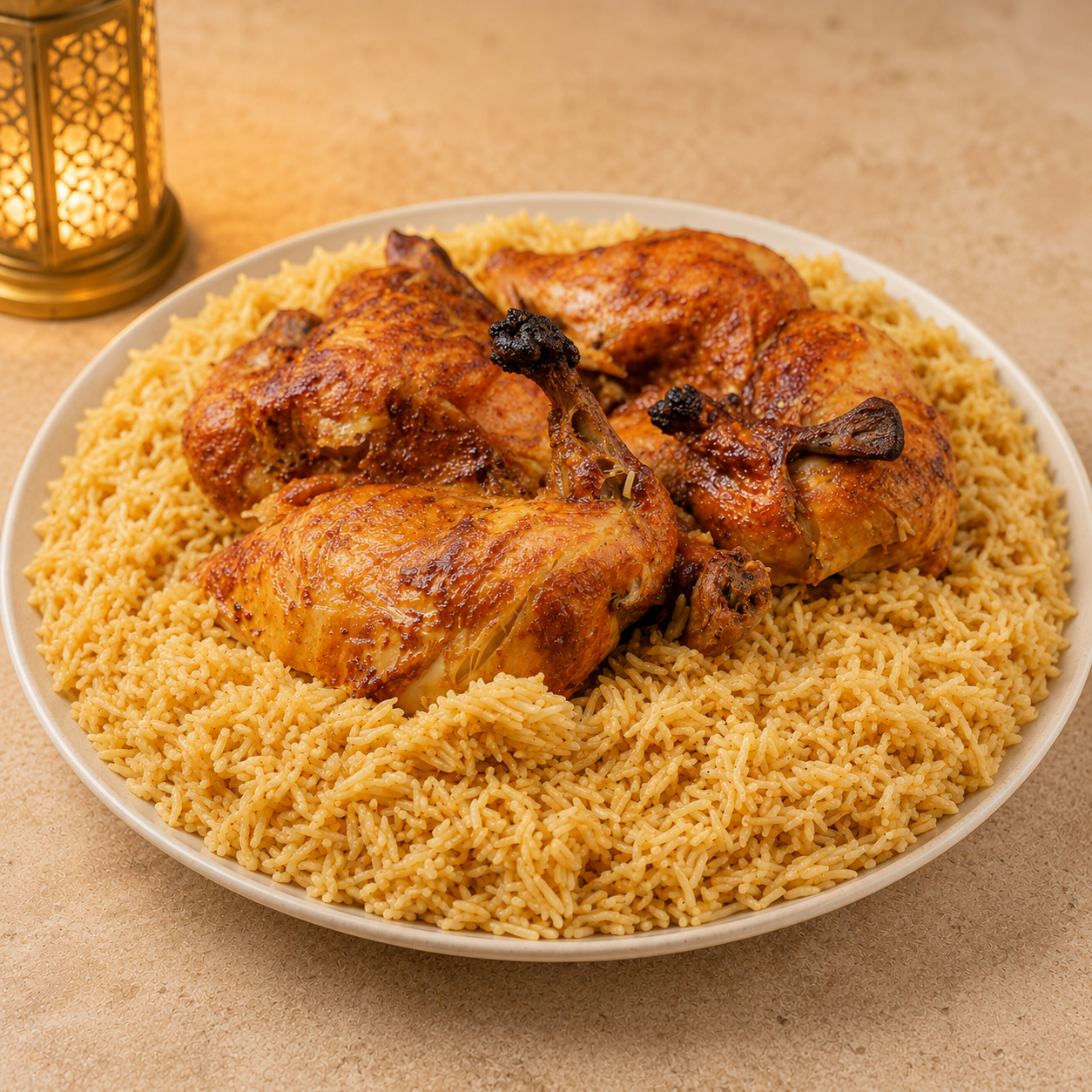 Chicken mandi served over fragrant rice